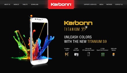 インドのスマートフォンメーカーKarbonn MobilesのHP。同社では複数のデュアルOS端末を発売するとしている
