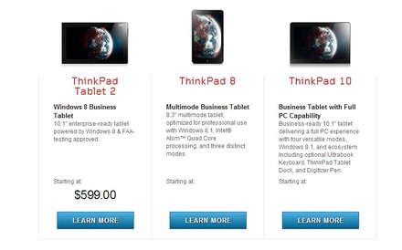 「ThinkPad 10」が「ThinkPad Tablet 2」や「「ThinkPad 8」などと一緒にラインナップとして並んでいる