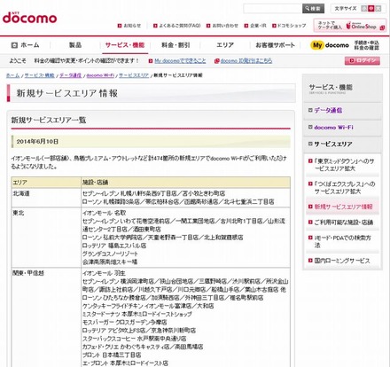 docomo Wi-Fi 新規サービスエリア情報