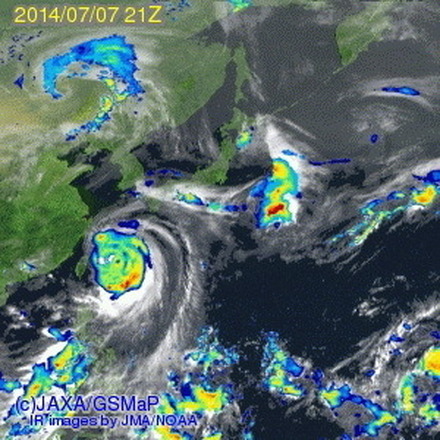GSMaPで公開された2014年7月3日～7日の3時間毎の台風の動きを示す動画より。
