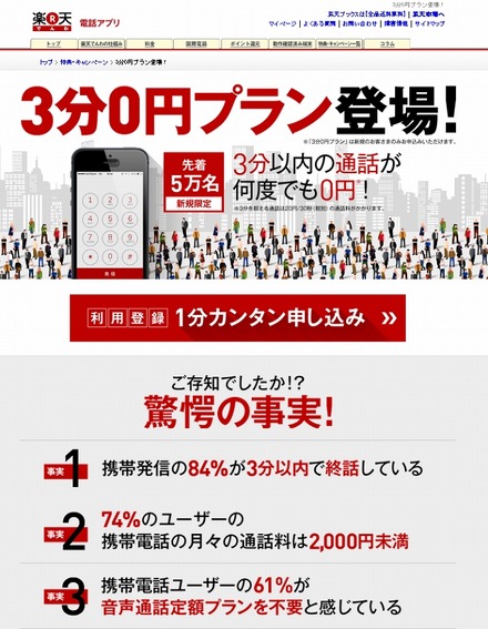 「楽天でんわ: 3分0円プラン」紹介サイト