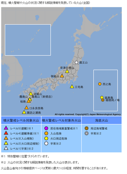 気象庁「火山登山者向けの情報提供ページ」(気象庁ホームページよりキャプチャ)