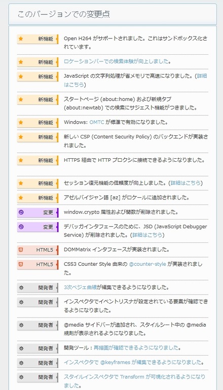 Firefox 32（デスクトップ版）での主な変更点（抜粋）