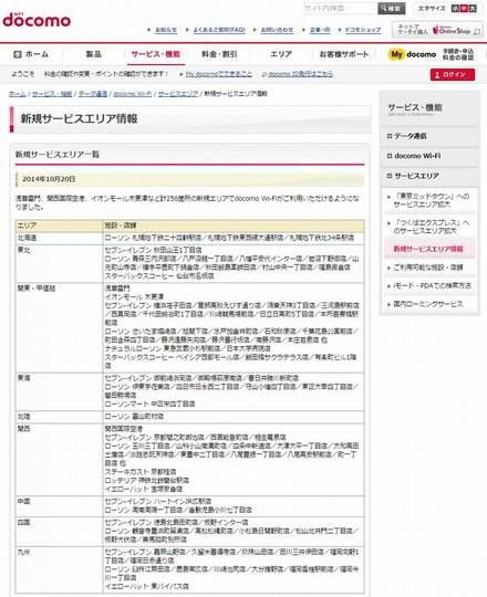 docomo Wi-Fi 新規サービスエリア情報