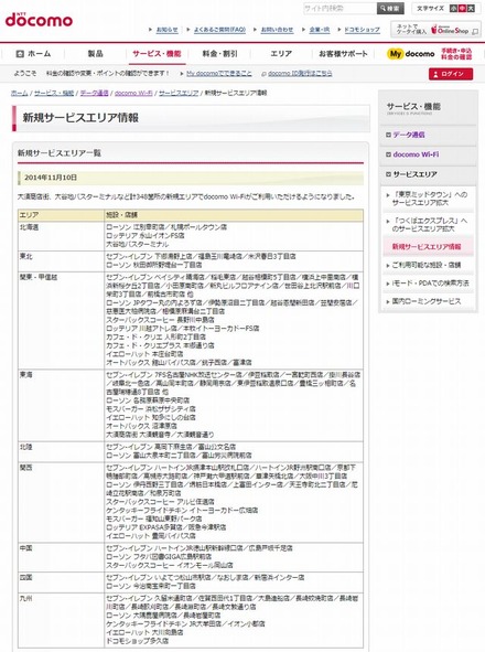 docomo Wi-Fi 新規サービスエリア情報