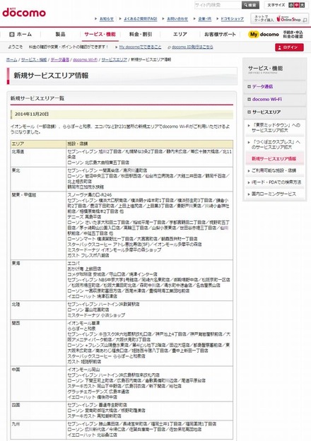 docomo Wi-Fi 新規サービスエリア情報