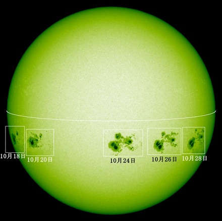 国立天文台 太陽観測所のフレア望遠鏡が取得した黒点（10月18日～28日、抜粋）（c） 国立天文台