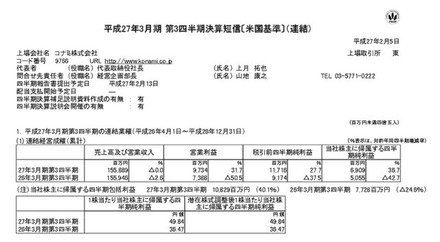 平成27年3月期第3四半期決算スクリーンショット