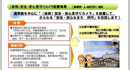 補正予算を含め6,400万円の事業費で1,000台の防犯カメラを設置予定。犯罪や事故の抑止だけでなく自然災害への監視体制も強化するという（画像は伊丹市　H26年度2月補正予算（案）、H27年度当初予算（案）より）