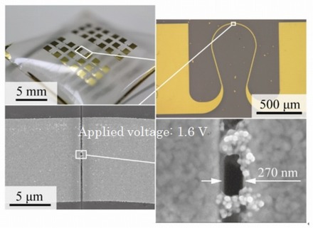 金配線上のクラックが、金ナノ粒子（半径20 nm）により自己修復した様子