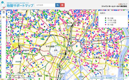 地図を拡大していくと地震に対する耐性（地耐力）をひと目で確認することができる（画像は地盤サポートマップのWebより）。