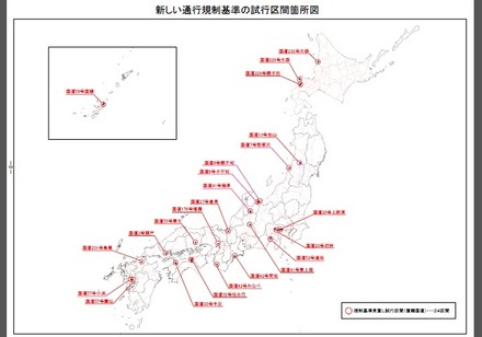 新しい通行規制基準の試行区間箇所図