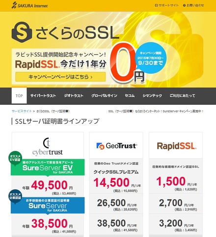 さくらインターネットのSSLラインアップ