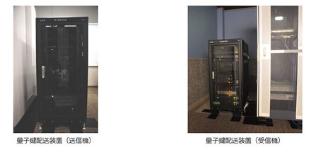評価実験では量子鍵配送装置の送信機（写真左）と受信機（写真右）を同一フロアの異なる部屋に設置（画像はプレスリリースより）