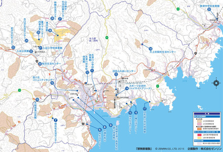 東日本大震災で津波が浸水した範囲や土石流の危険区域・危険渓流、土砂災害の警戒区域・特別警戒区域などを色で区分けして表示。避難所と避難場所の位置も記載している（画像はプレスリリースより）