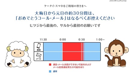 元日午前0時からの30分間、「あけおめコール・メール」控えるよう呼びかけている