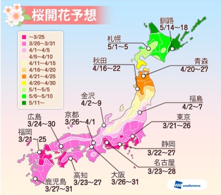 2016年の「桜開花予想」（ウェザーニュース）