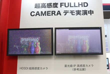 低照度環境下でもカラー撮影を実現する監視カメラの比較展示。左がHD-SDIの高価格帯モデルの映像で、右が低価格帯のネットワークカメラの映像（撮影：防犯システム取材班）