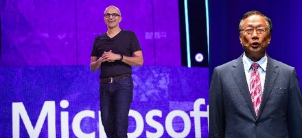 MicrosoftのCEOサティア・ナデラ氏（写真左）と鴻海を率いる郭台銘氏（同右）(C) Getty Images