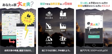 現在地をはじめ、地図上の任意の場所をタップすると災害危険度が表示される。災害内容をタップすることで、洪水の場合は浸水の深さ、地震の場合は今後30年で震度6以上が起こる確率などが表示される（画像はプレスリリースより）