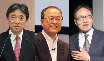 左から、ドコモの吉澤和弘社長、KDDIの田中孝司社長、ソフトバンクの宮内謙社長