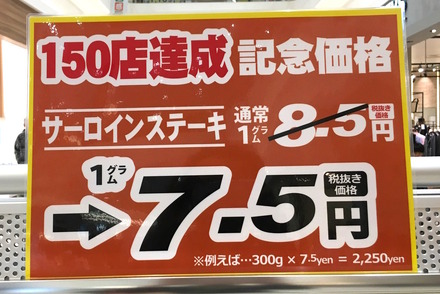 いきなりステーキで通常1グラム8.5円のサーロインステーキが7.5円に