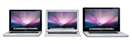 「MacBook」シリーズのMacBook（左）MacBook Air（中）MacBook Pro（右）