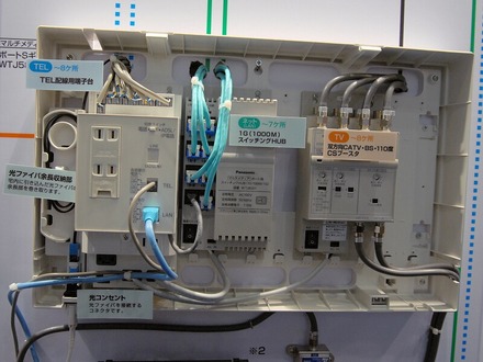 「マルチメディアポートSギガ（光コンセント付き）」。左から電話線の分岐とLANの差し込み口、スイッチングハブ、テレビ放送波の分波器