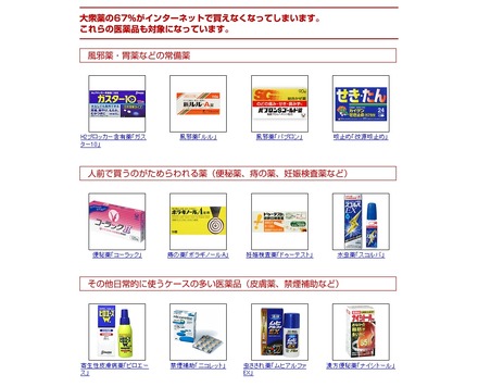 販売禁止対象とされる一般薬の例（楽天市場ページより）