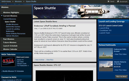 エンデバー打ち上げ延期を伝えるNASAのページ