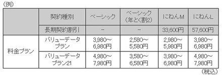 「バリューデータプラン」「バリューデータプラン21」の月額料金例