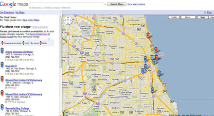 　米Googleは10日（現地時間）、H1N1を含むインフルエンザワクチンの在庫状況などを確認できる機能をGoogle Mapsに追加したと発表した。