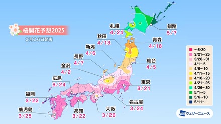 各都市の桜開花予想