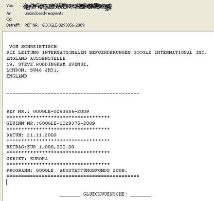 「Google基金2009」を騙るメール（ドイツ語）