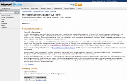 Microsoft Security Advisory （981169）